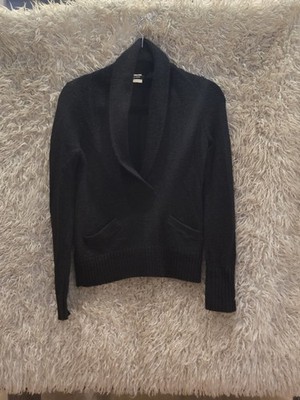 J.CREW Black Knit Pullover Sweater Shawl Collar Long Sleeve Pockets XS