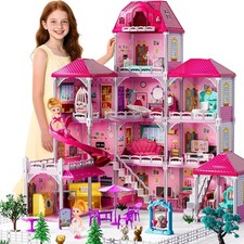Villa Playset for Girls Ages 3-7, 4-Story 12 Room House with 2 Dolls, Furniture