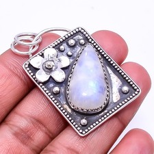 Rainbow Moonstone - India Oxidised Designer 925 Sterling Silver Pendant 1.76"P53