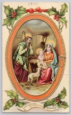 Nativity Holy Family with Lamb, Embossed Beaded Oval Holly, Divided Back 1910