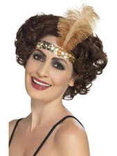 Flapper Headband Gold Sequin with Feather Adult Costume Accessory