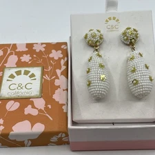 White & Yellow Seed Bead Teardrop Dangle Earrings Pierced C&C California