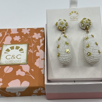 White & Yellow Seed Bead Teardrop Dangle Earrings Pierced C&C California