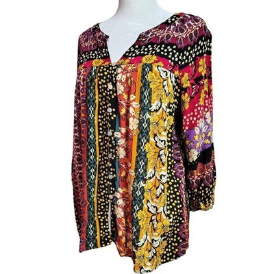 Figueroa & Flower Tunic Top Women's Petite Large Patchwork Floral Boho Artsy