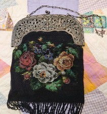 Antique Edwardian Glass Bead Flower Roses Purse Silver Frame 800 DRGM