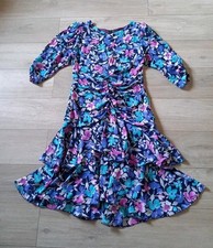 Tessara Navy Blue Floral Ruched & Frilled Midi Dress Sheer Vintage 1980's UK14