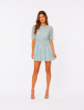 alice + olivia Sequin A-Line Short Dress – Blue | Size 2 | 3/4 Sleeve | Zip