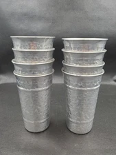 Set 8 Vintage Hammered Aluminum Tumblers 16 oz Silver Metal MCM Barware 5.50" ✨️