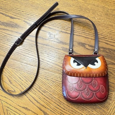 Hand Tooled Leather Owl Crossbody Bag Very Cute Red Orange Small