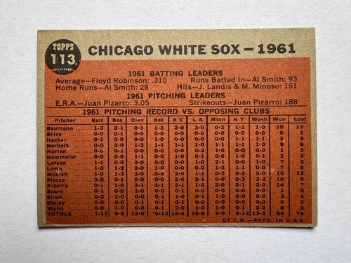 1959-62 Topps Chicago White Sox Team Card Lot - 4 cards (Nice Eye Appeal VG Lot) - Picture 10 of 10