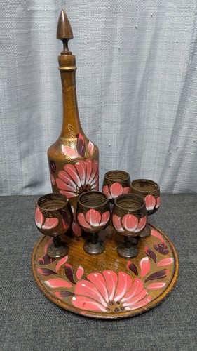 Vintage Hand Turned and Painted Wooden Bottle & Goblets w/ Tray Floral Folk Art