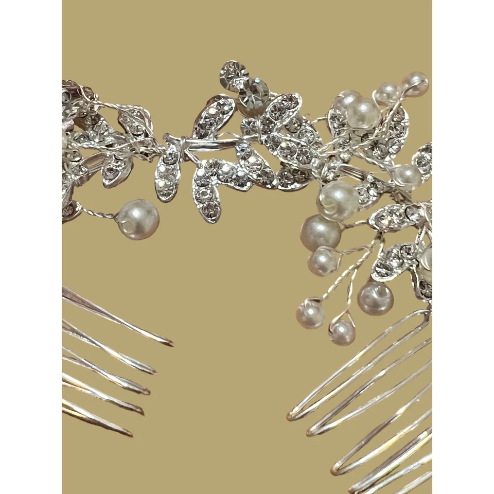 珍珠银色婚礼发梳新娘发头片透明水晶约 — 第 3/4 张图片