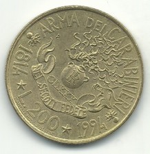HIGH GRADE AU/UNC 1814 1994 ITALY 200 LIRE CARABINIERI COIN-JAN029