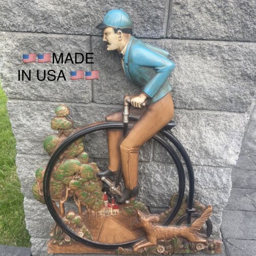 VTG Syroco Wood Wall Hanging Art Man On Cycle Dog Wood Carving 23X18" MCM - Picture 1 of 15