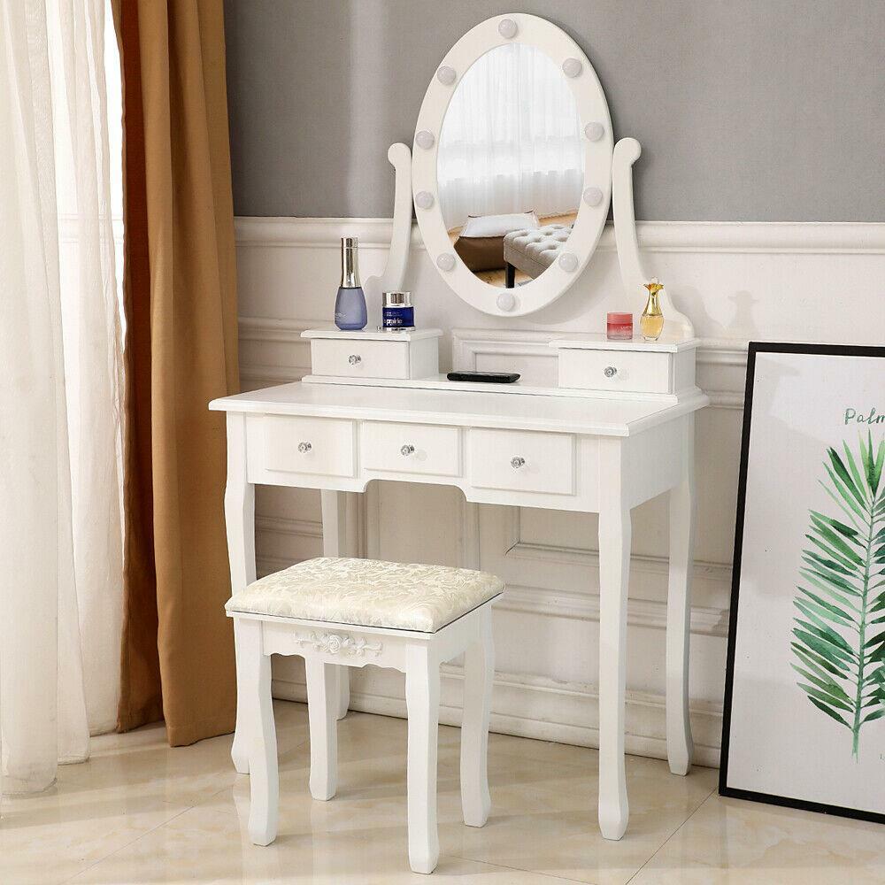 Cushioned Stool For Women White Zqo Led Vanity Table W 3 Color Lighting Modes And 5 Drawers Makeup Dressing Set W Lighted Mirror Vanities Vanity Benches Home Kitchen Sostulsa Com