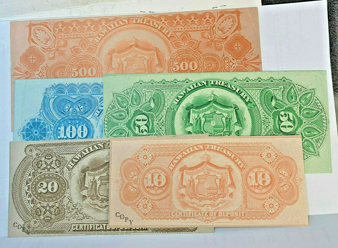 USA HAWAII 1879 BANKNOTES FULL SET, INDIVIDUAL 10 20 50 100 500