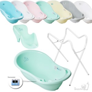 Baby Wanne Babybadewanne faltbar mit Badkissen Rosa Ständer Thermometer Reise