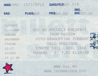 Iron Maiden - GEC. Spektrum, Oslo, July 2, 2003 [Norway] - Ticket Stub