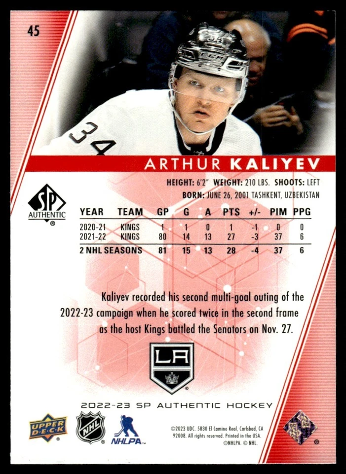 2022-23 SP Authentic Limited Red Arthur Kaliyev Los Angeles Kings #45 - Image 2 of 2