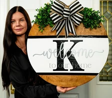 Front Door Decor Last Name Initial Personalized Door Wreath Hanger Custom 22"