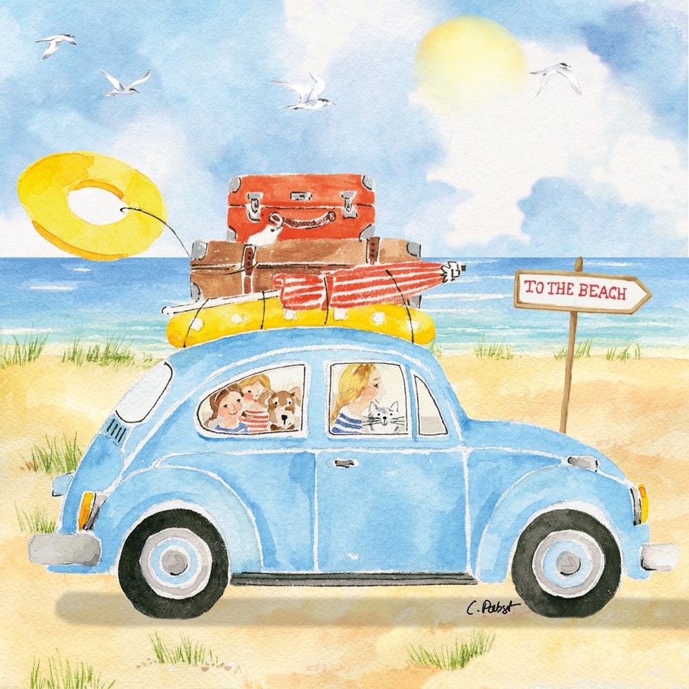 4 x Paper Napkins/33cm/3Ply/Decoupage/Car/Seaside/Sand/Holidays/To the Beach