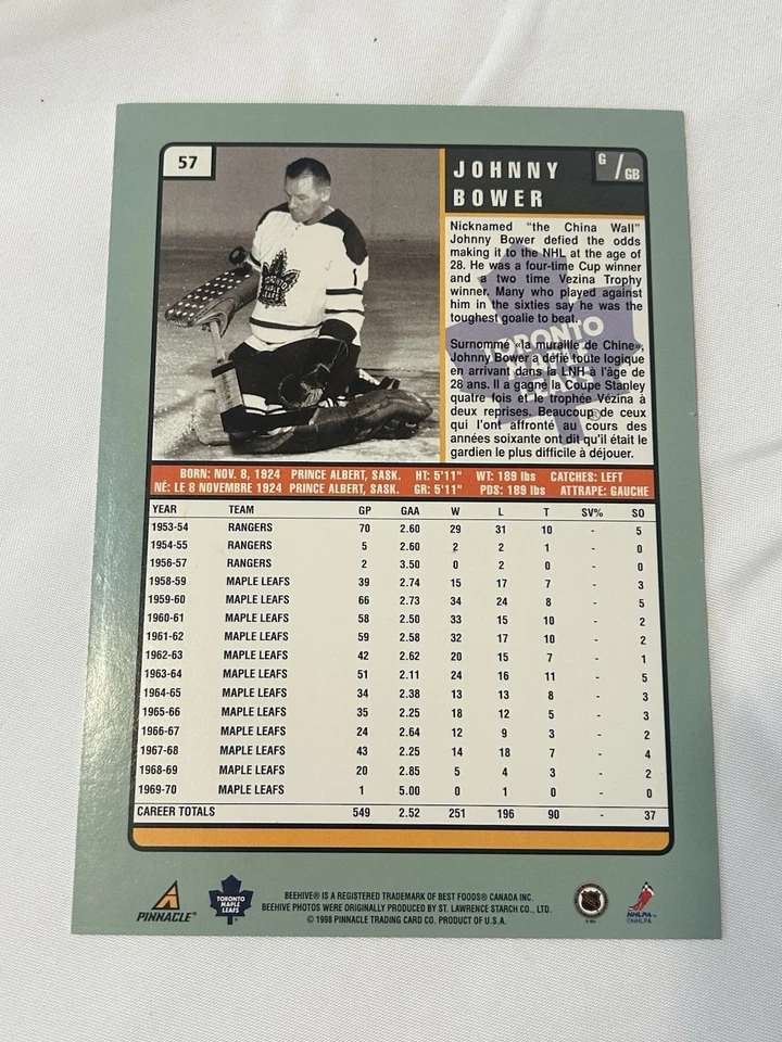 1997-98 Pinnacle Beehive Golden Originals Johnny Bower Authentic Signature HOF - Image 2 of 2
