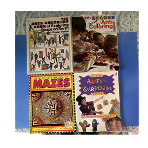 Lot of 4 Kids Activity Books: Anti-Coloring I & II, Giant Mazes, Anti-Boredom