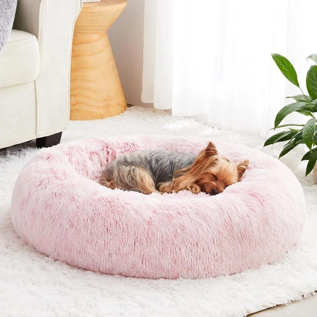 Calming Dog Bed Cat Bed Donut, Faux Fur Pet Bed Self-Warming Donut Cuddler, C...