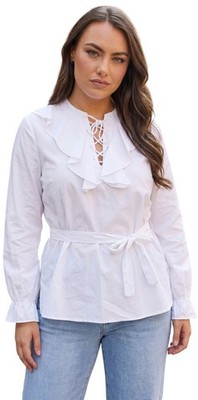 Geschnürte V-Ausschnitt Rüschen weiß Polycotton Bluse Tunika Top Damenbekleidung