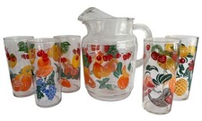 VTG 9.5” Tall Drink Pitcher W/Fruit on Clear Glass & Five Matching 12 oz Glasses