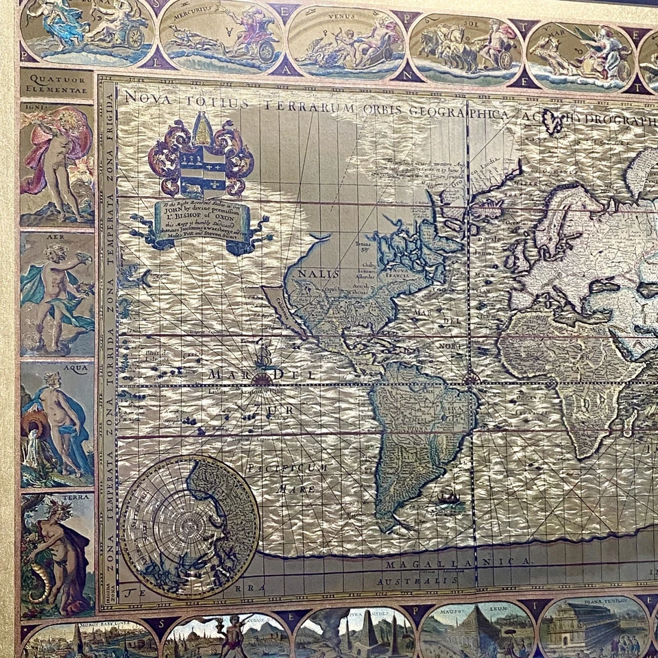 Lámina de oro vintage Moses Pitt en 1681 mapa del mundo grabado terrarum orbis enmarcado Foto 3 de 4