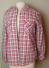 Boston Traders Women  s Size M Pink Plaid Sherpa Lined Hooded Shirt Jacket EUC