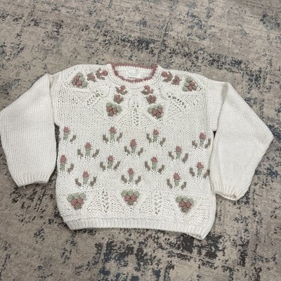 Vtg  80sNeedles & Yarn Sweater Granny Core Knit  Roses  Floral Pattern  sz M