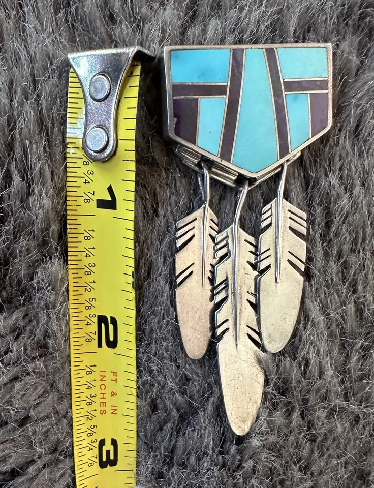 Navajo Tracey Knifewing Sterling Silver Turquoise Lapis Feather   Brooch/Pin - Image 3 of 3