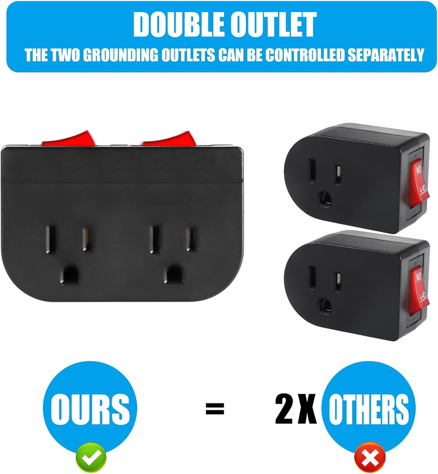 Dual On/Off Switch Grounded Outlet 2-Port Plug Adapter 15A 1875W ETL ...
