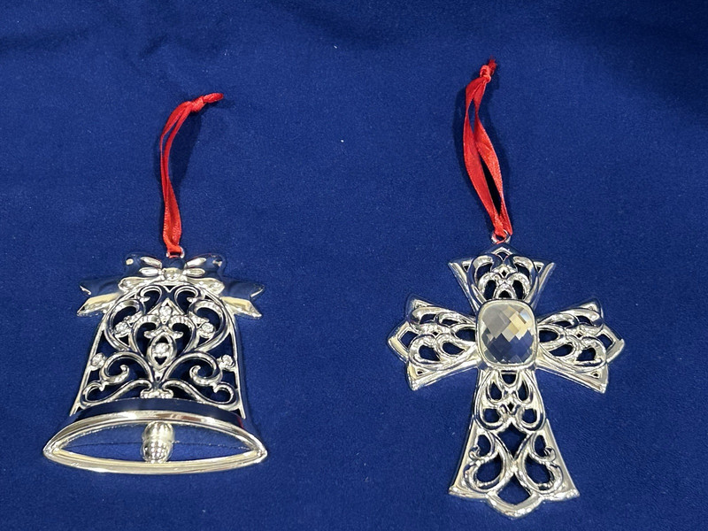 Lenox Sparkle and Scroll Silver Bell and Jeweled Cross Christmas Ornament- 4" H