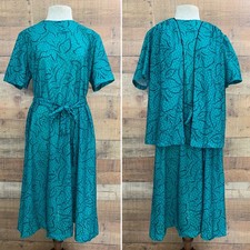 Vintage 1970s 1980s Teal Jacket Dress 44 Bust /44 Waist Matching Belt Set