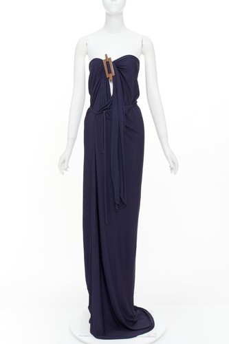 Hermès, HERMES 2014 leather hardware bust navy viscose strapless gown dress FR36 S