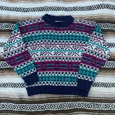Women's Vintage 90's Adele Knitwear Purple Green Crewneck Pullover Sweater Sz M