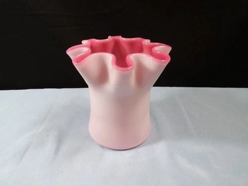 Fenton White Milk Glass Pink Peach Blow Hat Shaped Vase INV2