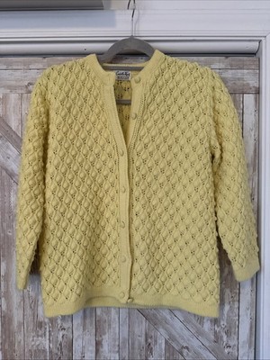 Vtg Cuddle Knit Cardigan Sm Yellow Button Up Cottagecore Grandma 3/4 Sleeve