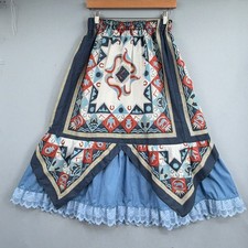 VTG Southwestern Print Midi Skirt Medium Hanky Hem Prairie Boho Lace Tiered Folk