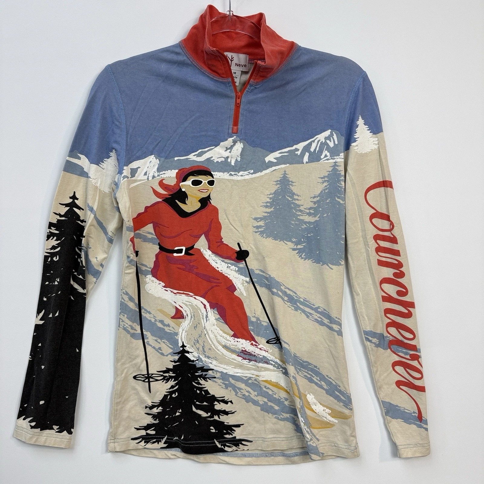 Neve Silk Wool Ski Base Layer Top M Retro Skier Graphic 1/4 Zip Apres Ski