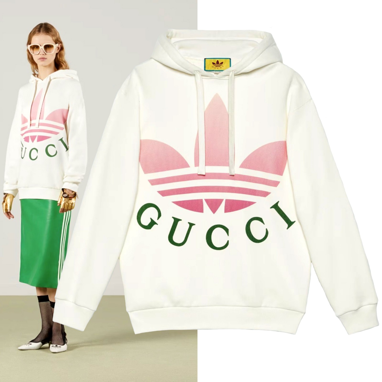 GUCCI SWEATSHIRT ADIDAS X WHITE COTTON HOODIE w TREFOIL $1600 sz XL Extra Large