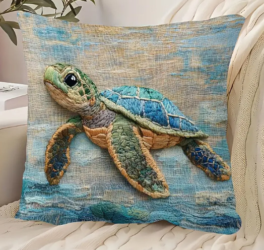 FUNDA ALMOHADA TIRO-2D Plano Estilo Océano Tortuga Marina, Cojín Estampado a Una Cara