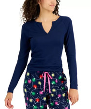 Jenni Women's Split V-Neck Long-Sleeve Pajama Top, Navy Blue, Small