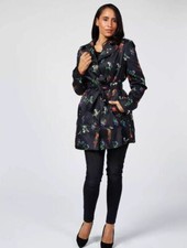 Susan Graver Botanical Floral Print Trench Coat Water Resistant Black Size 10
