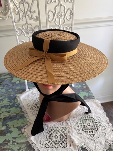 NWT Vintage Wide Brim Straw Hat w/ Bow By Penneys 20” Elegant - Picture 9 of 17