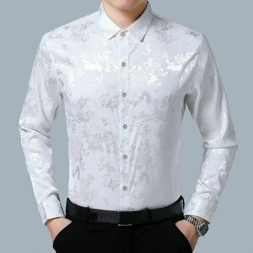Men Silk Satin Flower Dress Shirt Fit Business Formal Long Sleeve Loose Top New - Picture 11 of 17