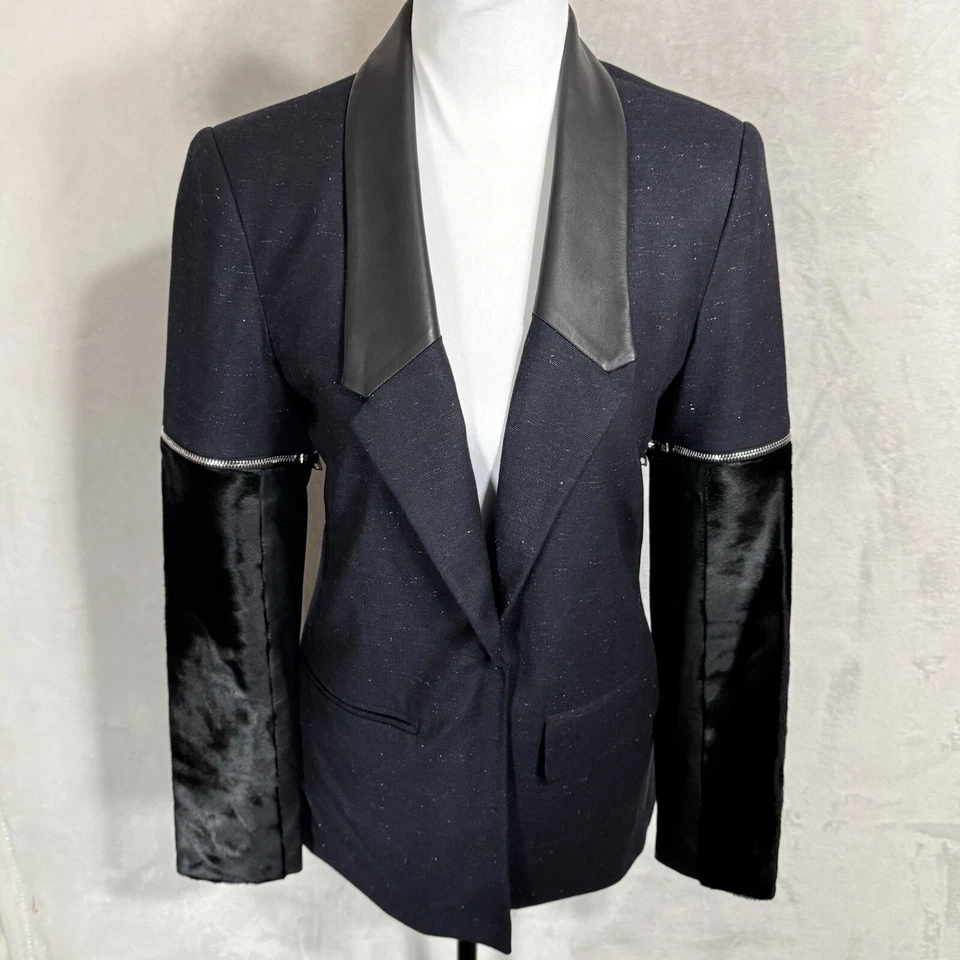 Chaqueta Blazer Yigal Azrouel Chic Edgy Talla 2 4 Cuero Negro Piel Moderno Esmoquin Foto 2 de 4